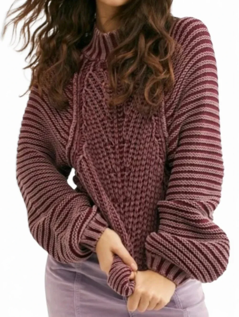 Free People Sweetheart Cable Knit Turtleneck Sweater In Rouge Combo Size Large